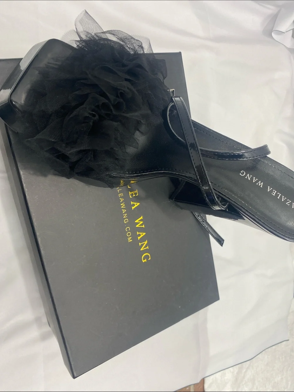 Black Platform Slide Heels with Tulle Pom Accent